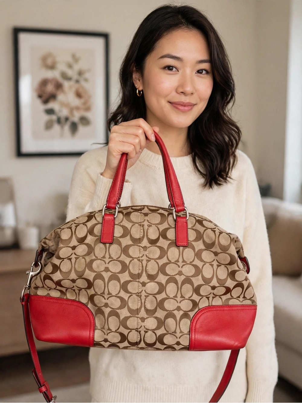 Vintage Coach Hadley Signature Canvas Satchel with Red Leather Trim